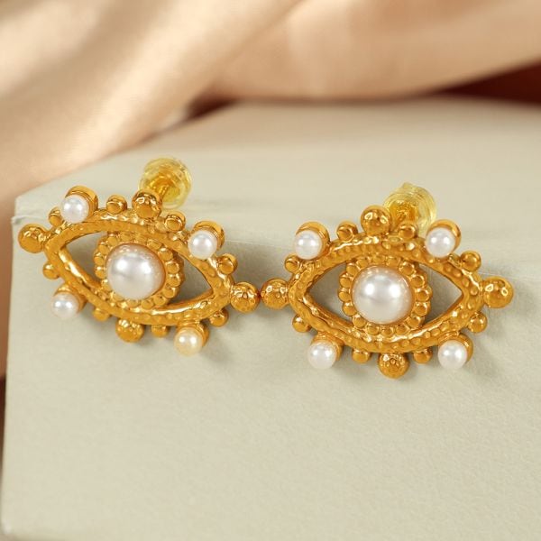 1 pair simple series punk eye stainless steel 18k gold color plated artificial pearl women's stud earrings